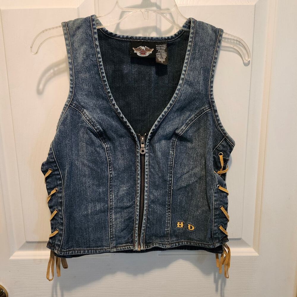 Womens Harley Davidson Denim Vest Laced Sides Sz M Y2K Bikercore Biker Moto - Picture 5 of 5